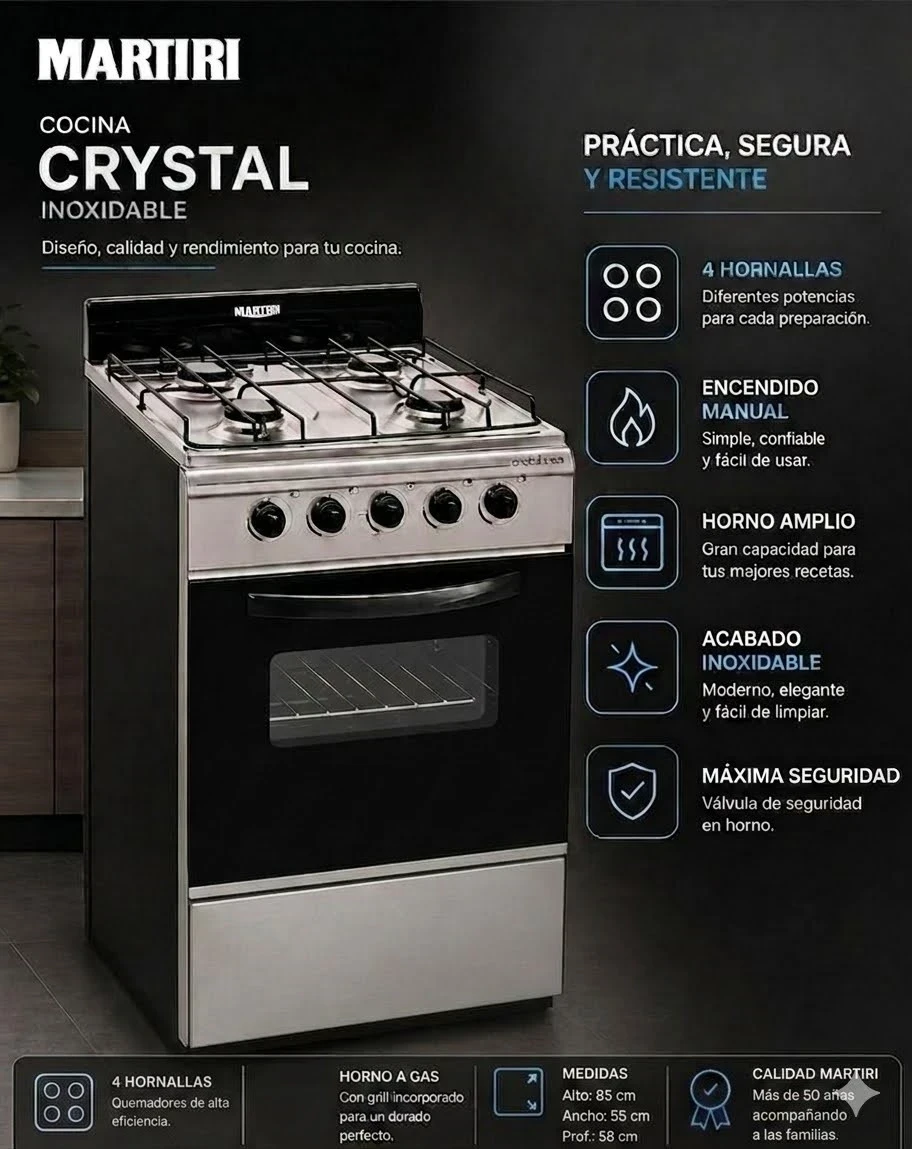 Cocina Martiri Crystal Inox Frente De Acero Inoxidable 51 Cm