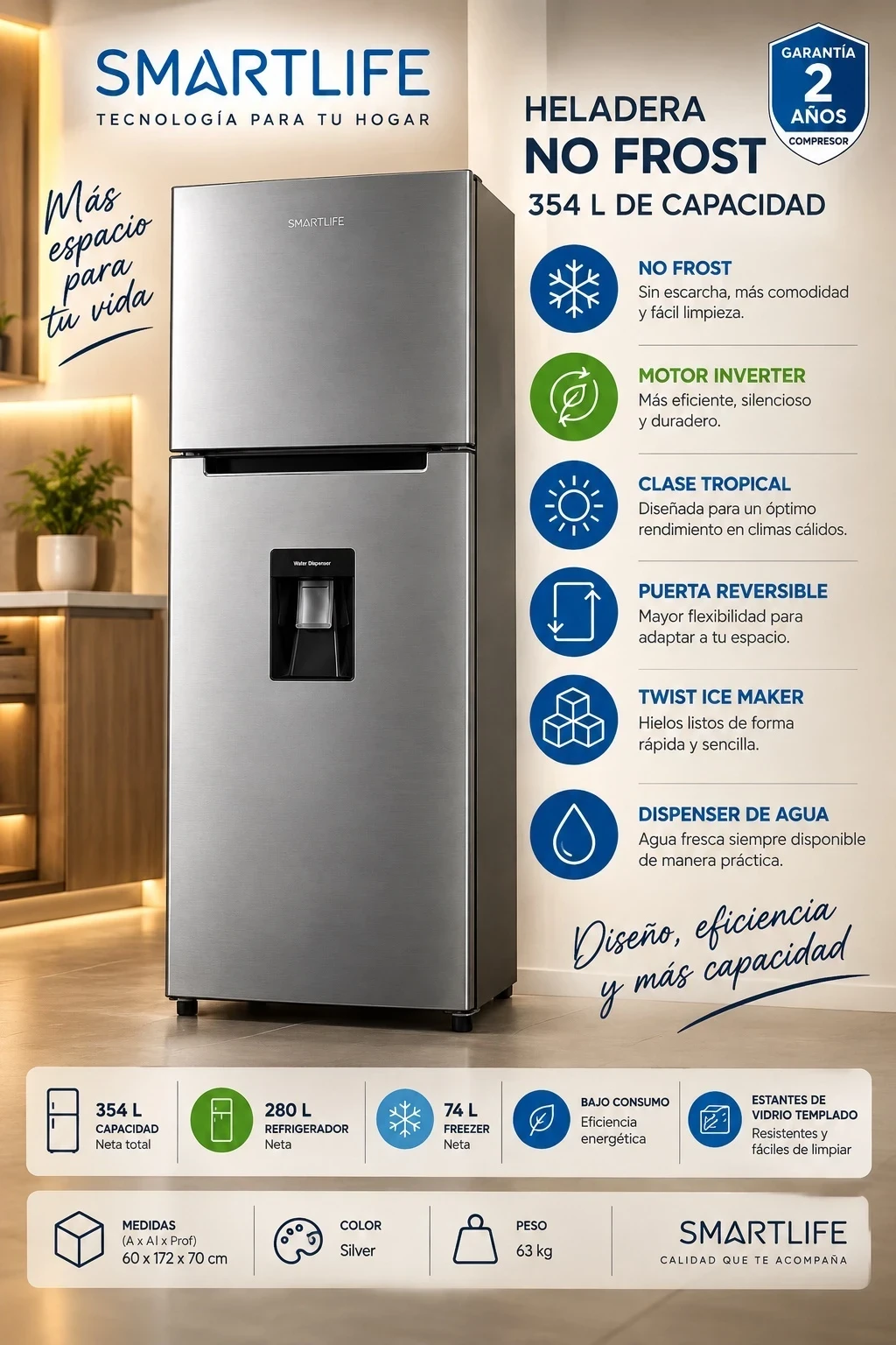 HELADERA SMARTLIFE NO FROST C/DISPENSER 354L CONSULTAR CON  EL VENDEDOR