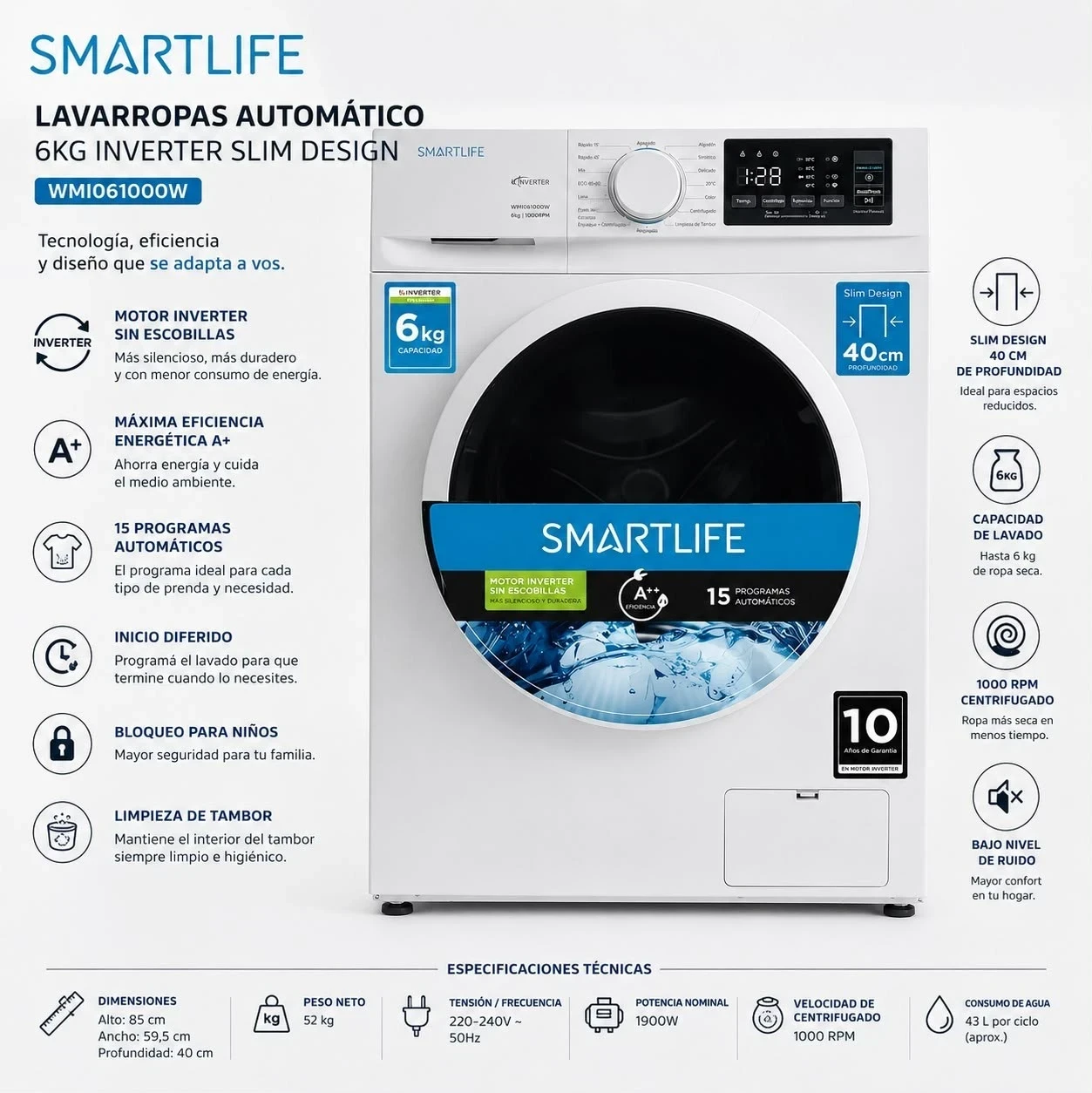 LAVARROPAS SMARTLIFE 6KG WM10161000W INVERTER*