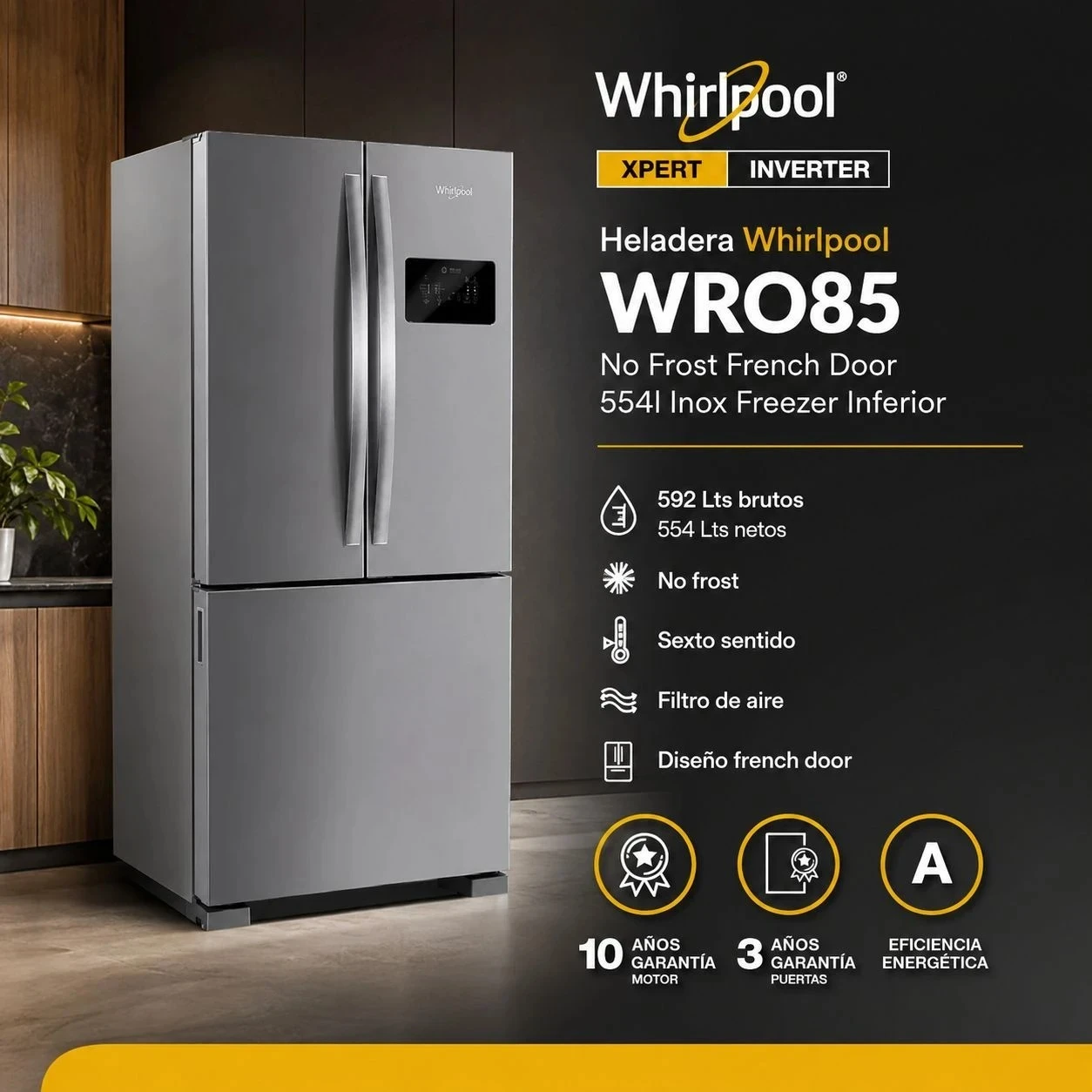 HELADERA WHIRLPOOL NO FROST FRENCH DOOR 554l INOX FREEZER INFERIOR