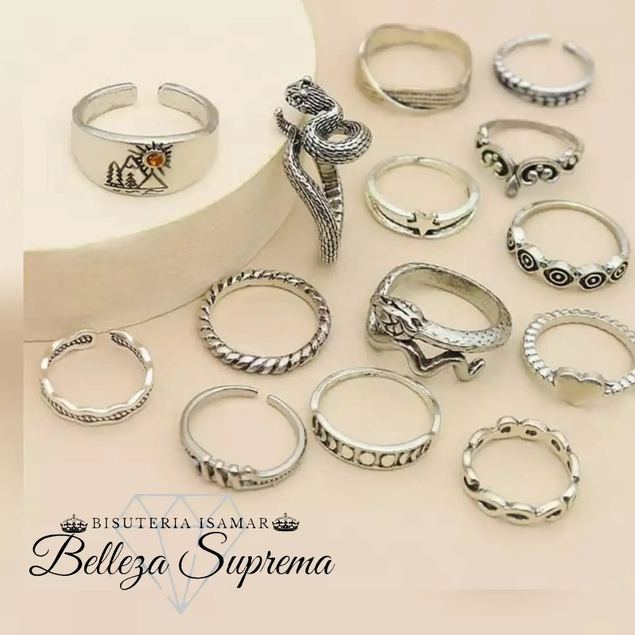 SET DE 12 ANILLOS EN PLATA QUEMADA 2
