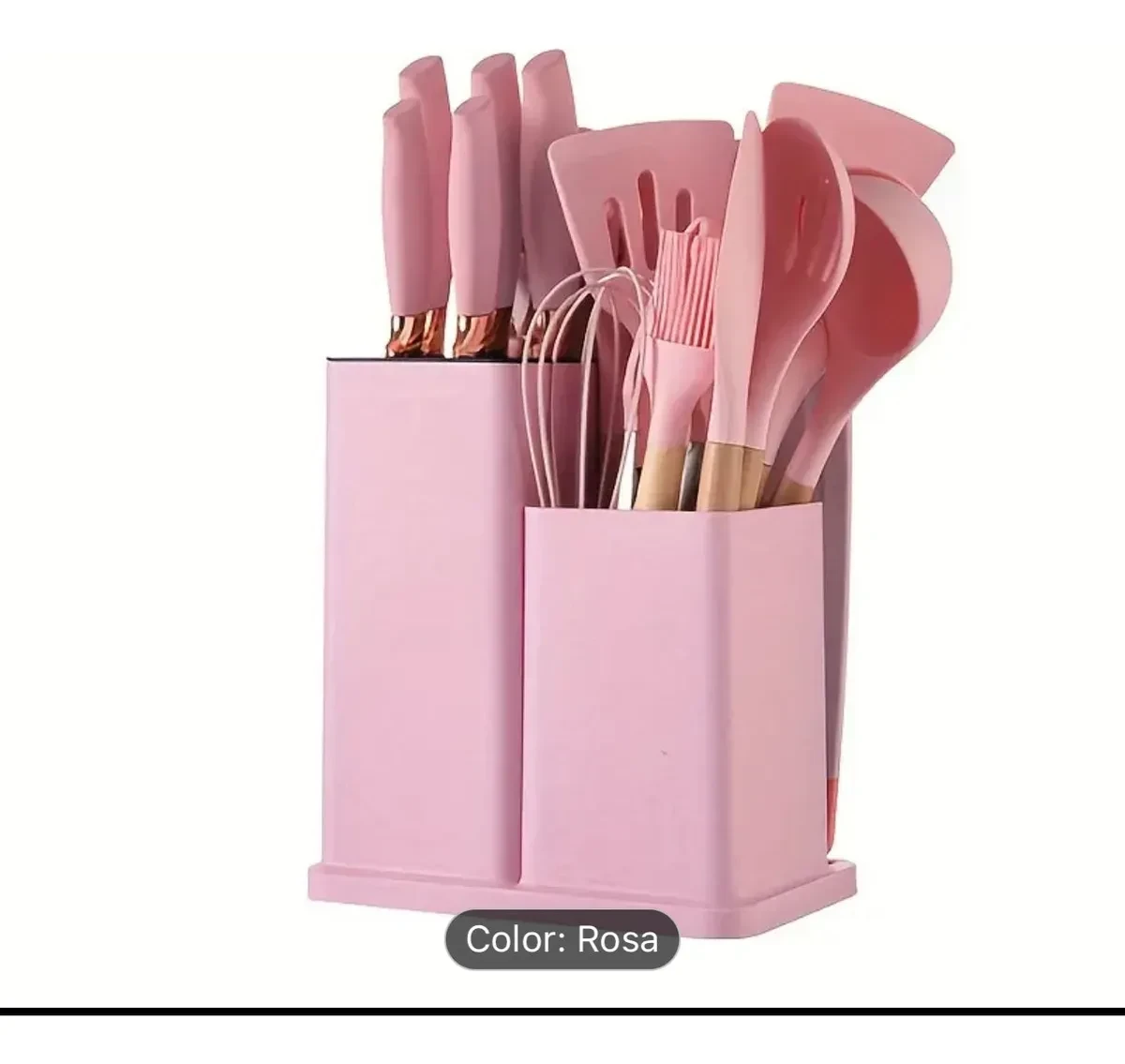 SET DE UNTENSILLOS DE COCINA MANGO DE MADERA KIT X19 PUNTA DE SILICONA COLOR ROSA 2