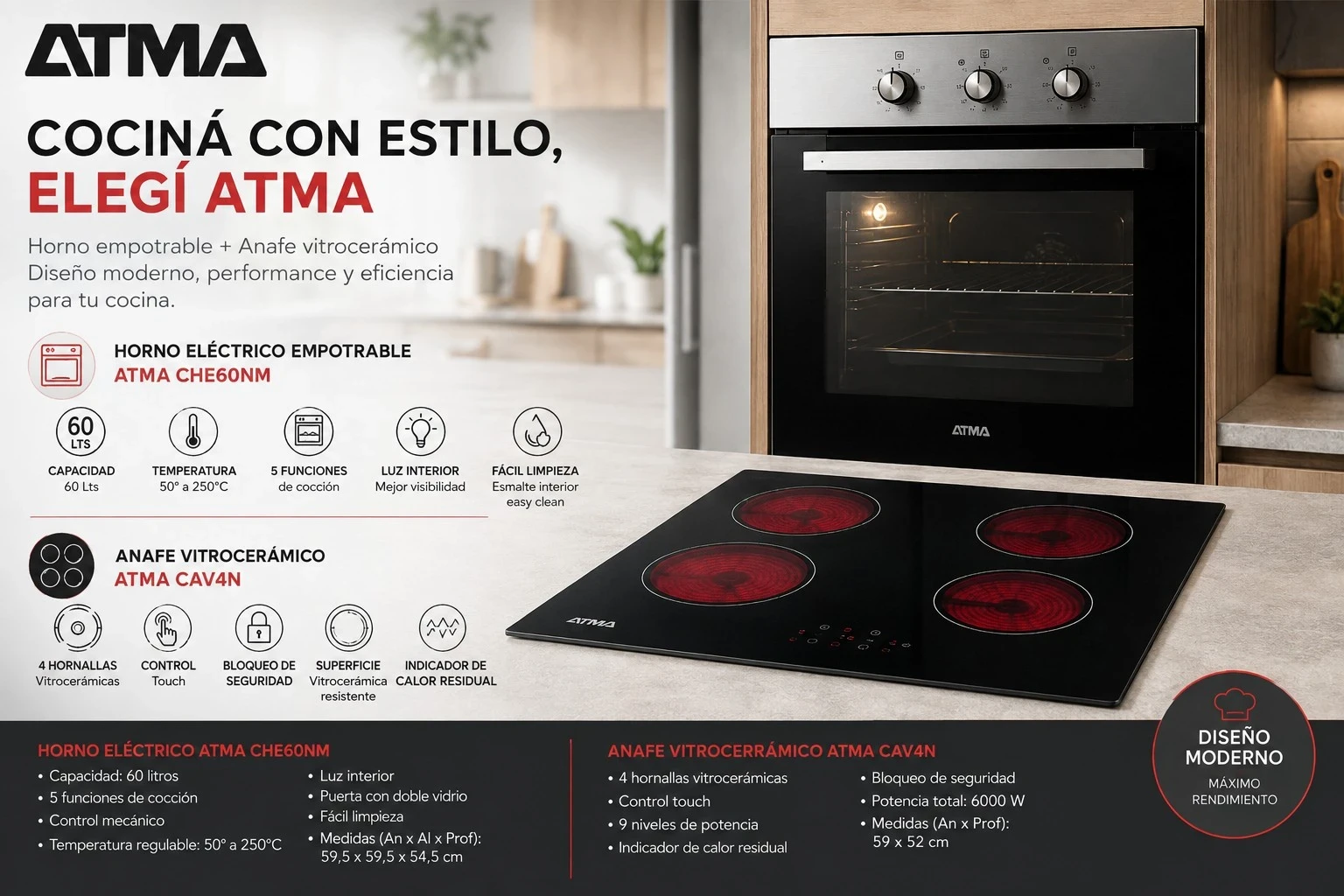 HORNO ELÉCTRICO EMPOTRABLE ATMA 60 Lts CHE60NM MECANICO●■ANAFE VITROCERAMICO ATMA CAV4N 4 HORNALLAS ‼️SOLO POR PEDIDOS‼️ 