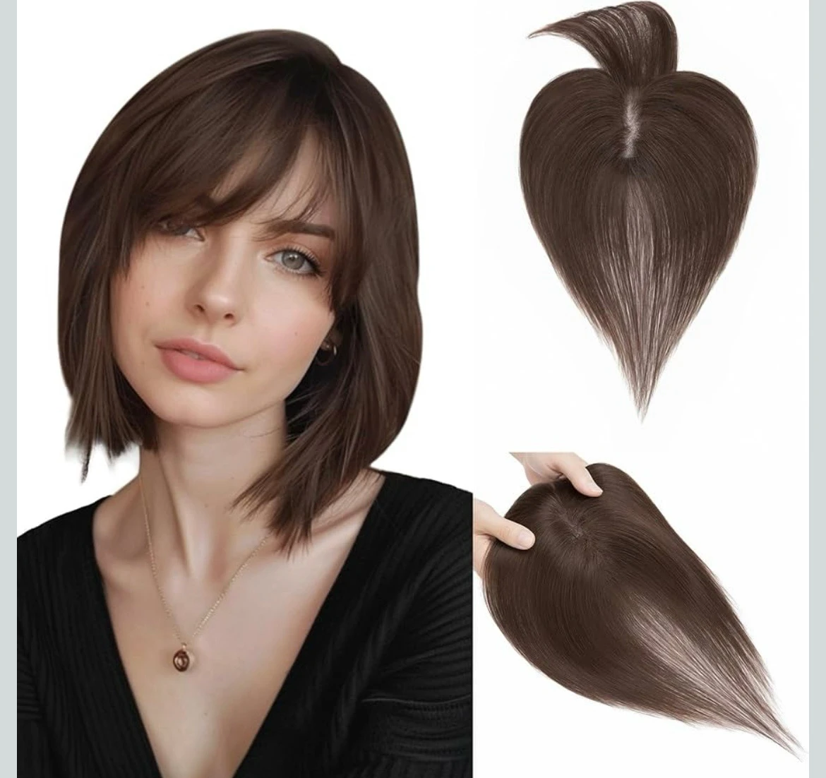 Topper cabello 100% humano con flequillo, clips 3D de cubierta de 360° en extensiones finas para mujer, base de seda de 3.15 x 4.33 pulgadas, ligera para cubrir el cabello 