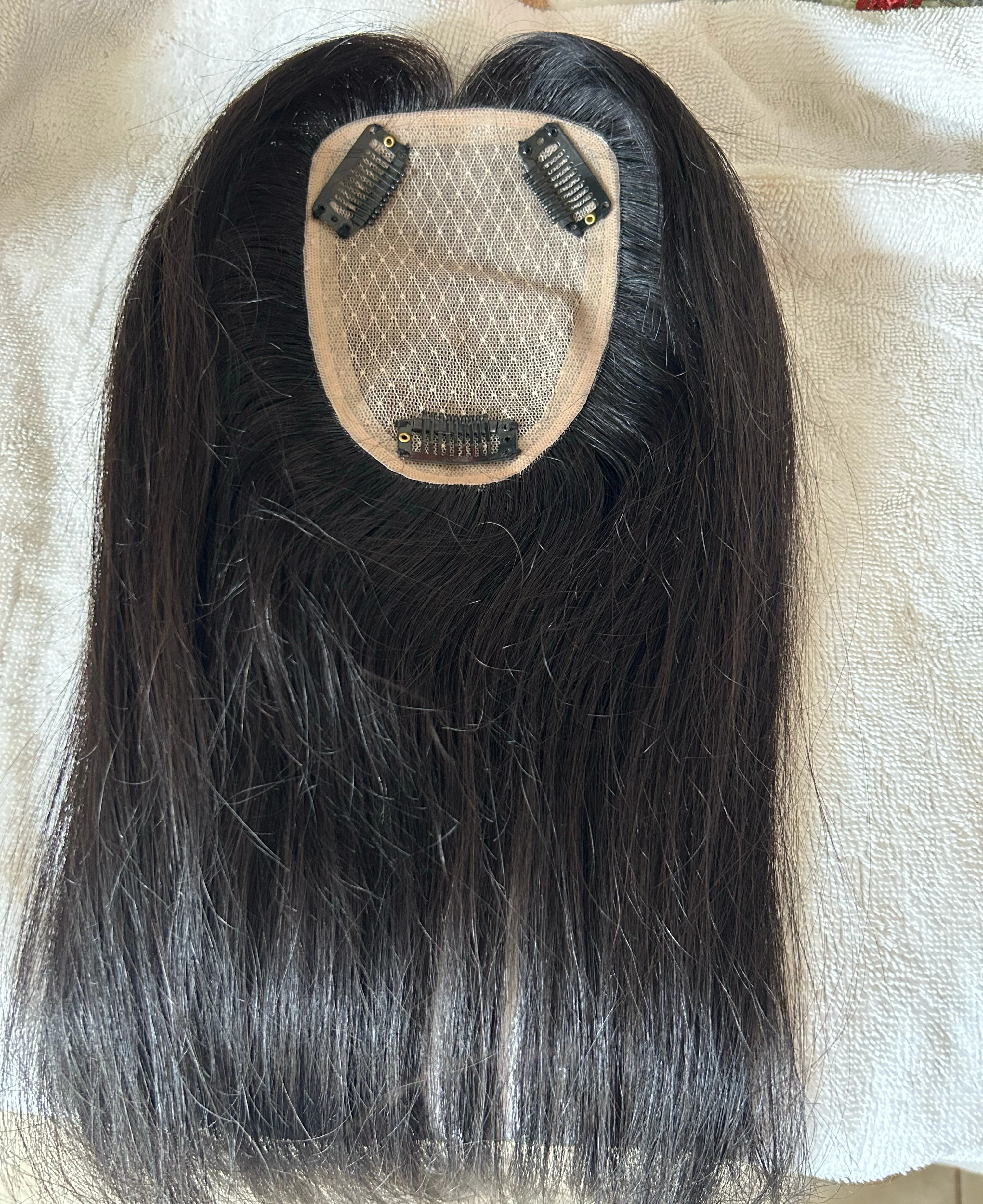 Toppers de cabello humano para mujer, color natural  100 % cabello Remy real, sin flequillo, densidad mejorada, 150 % de densidad, 3.5 x 8.7 in, base de encaje con clip en la parte superior  3