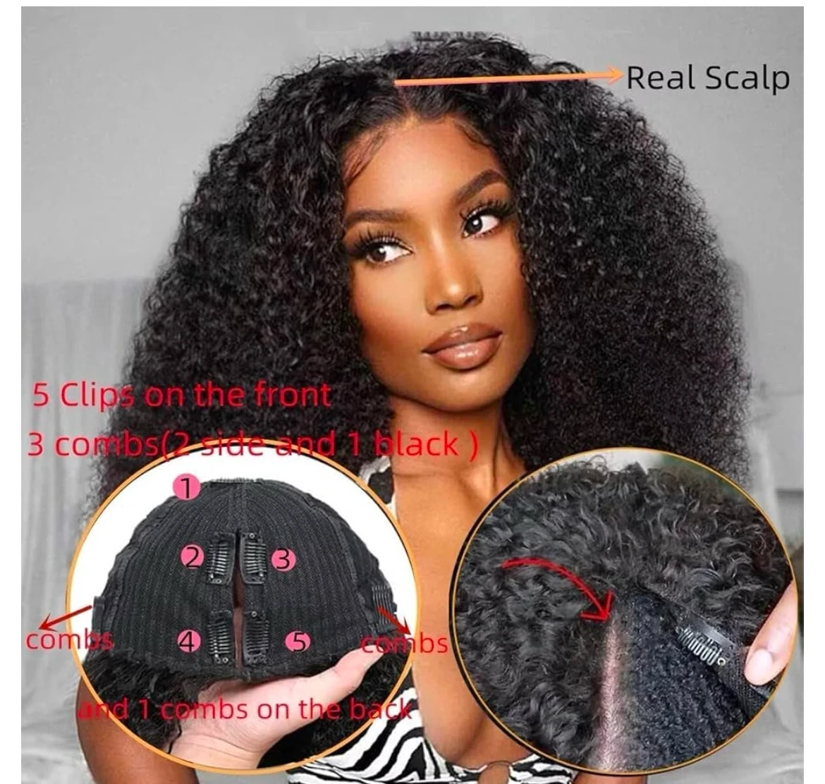 Pelucas de cabello humano rizado sin pegamento con parte en V, sin encaje, ,afro, rizado, con clips, sin coser, densidad del 200%, color negro natural, 20 pulgadas 2