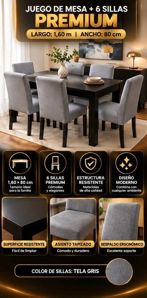 JUEGO DE MESA + 6 SILLAS PREMIUM *CONSULTAR DISPONIBILIDAD CON EL VENDEDOR* GRIS