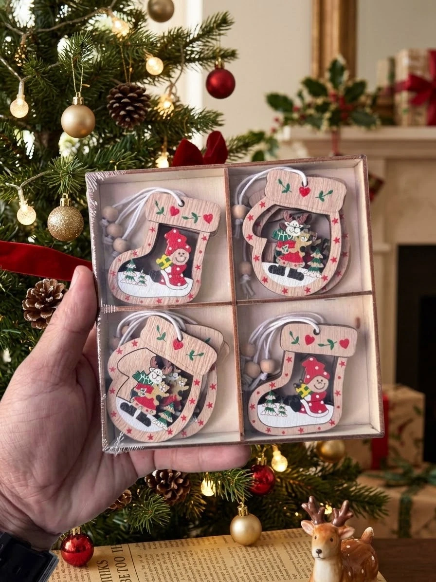set de 12 Colgantes navideños de madera artesanal  5.5 cm 