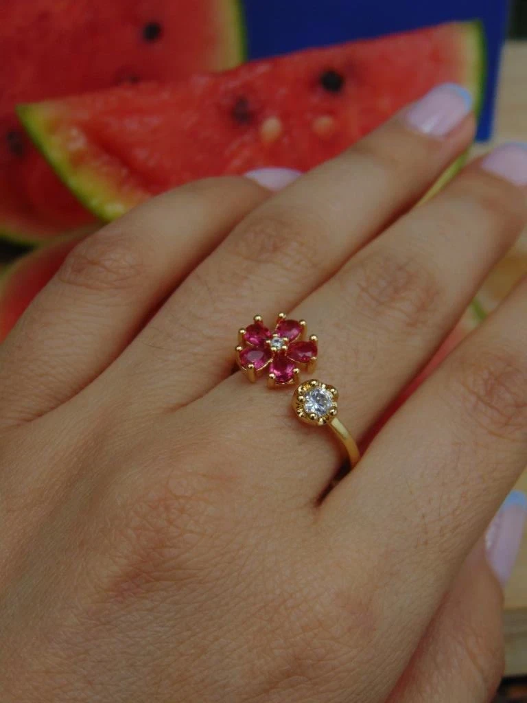 ANILLO ACERO DOR FLOR FUCSIA 2