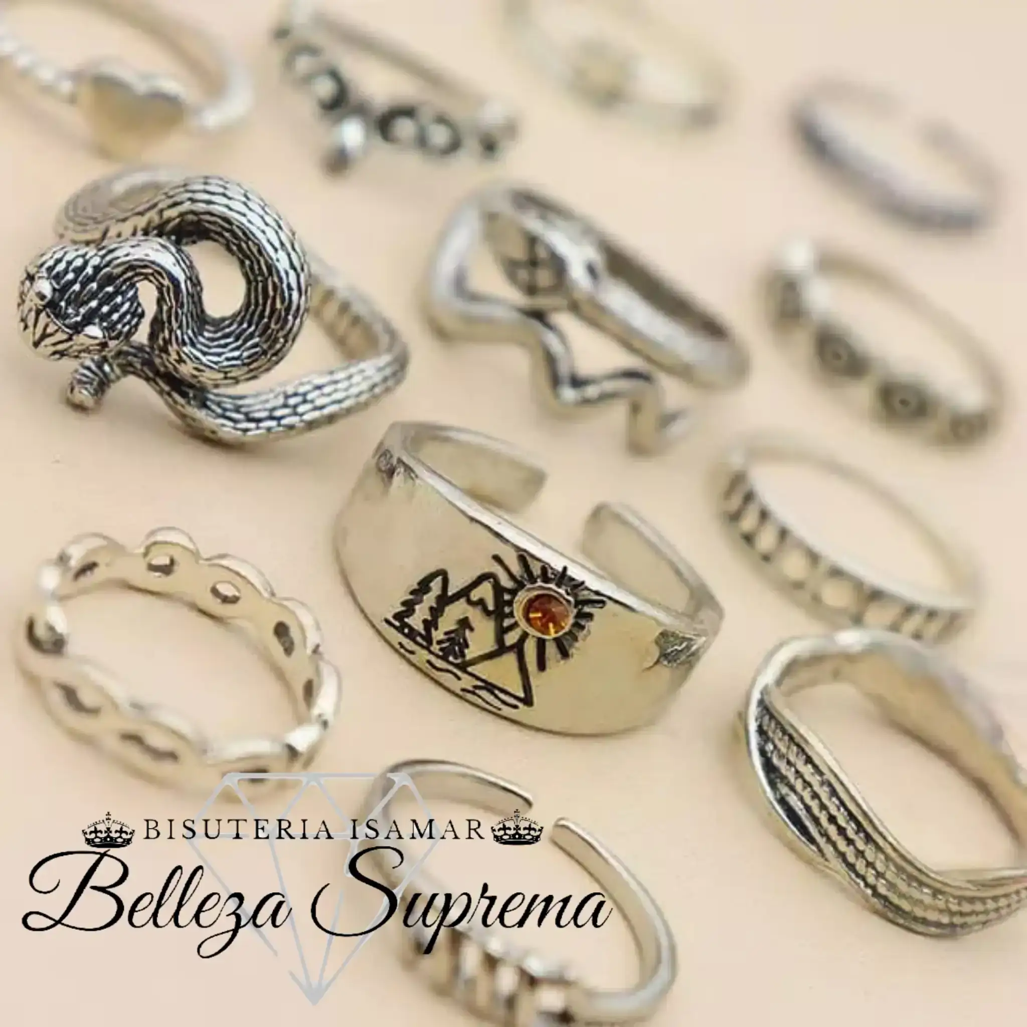 SET DE 12 ANILLOS EN PLATA QUEMADA