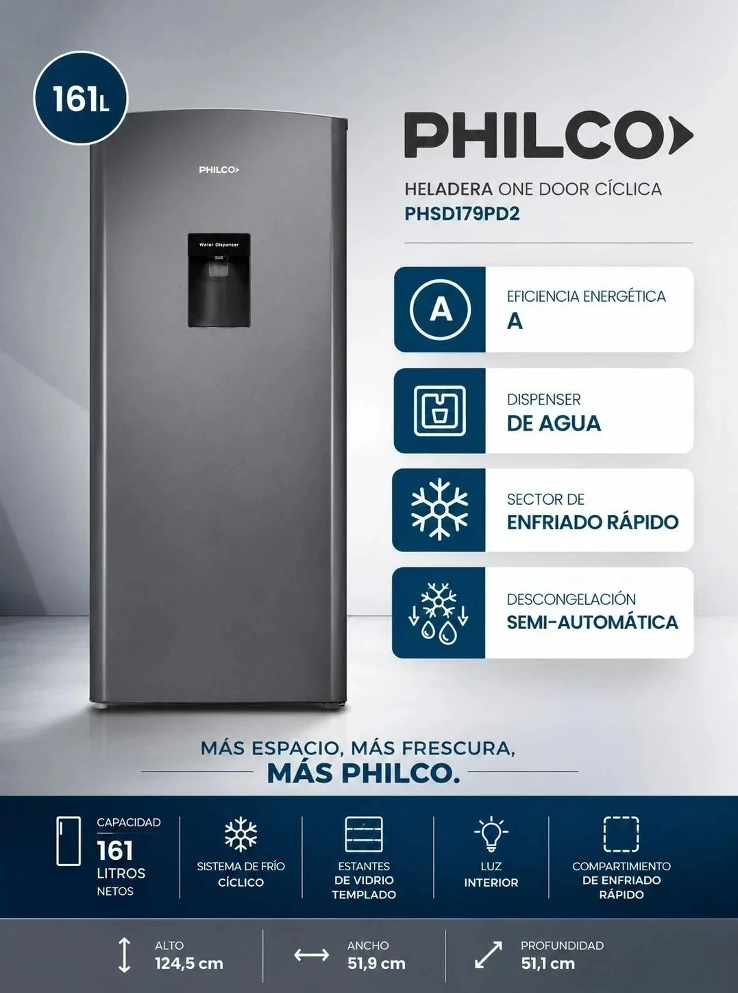 HELADERA PHILCO SILVER C/DISPENSER 161 LTS PHSD179PD2