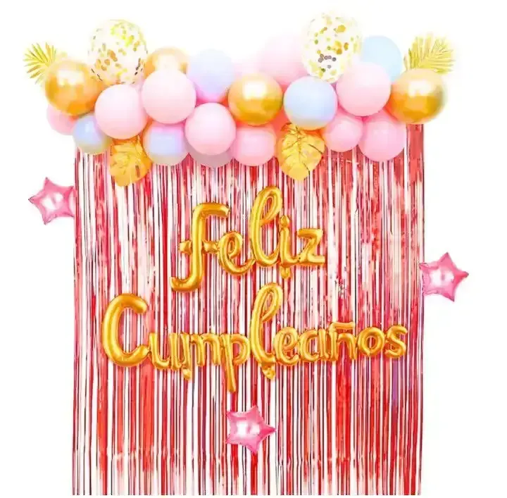 Set super guirnalda globo FC hoja dorada con cortina rosa gold 37 pcs rosa/ celeste/ dorado 