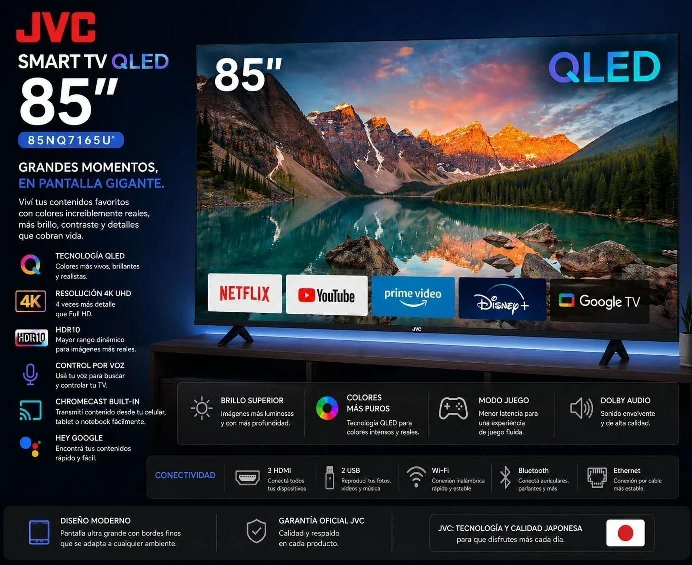Smart tv jvc 85” LT-85NQ7165U 4K UHD/QLED/ OPT/DIG/BLUETOOTH/3HDMI/2USB/RED/WHALE BORDE I