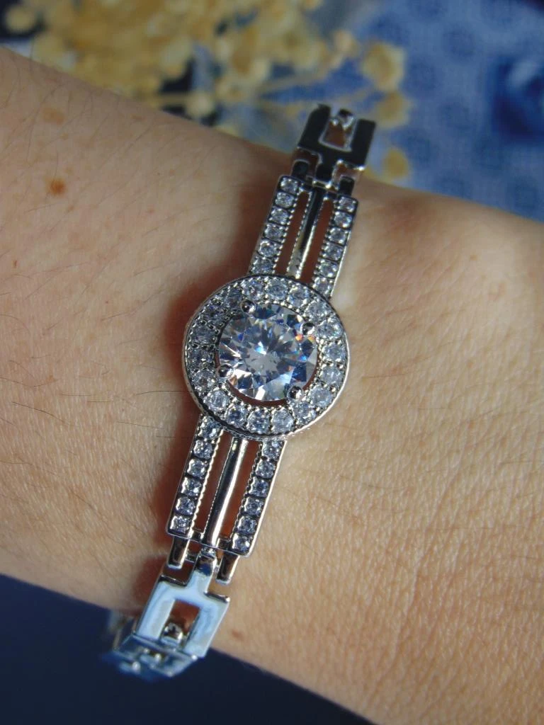 PULSERA RODIO PLATE MAXI CIRCON REDONDO ESLABON CUADRADO 1.3 | 18CM LARGO  2