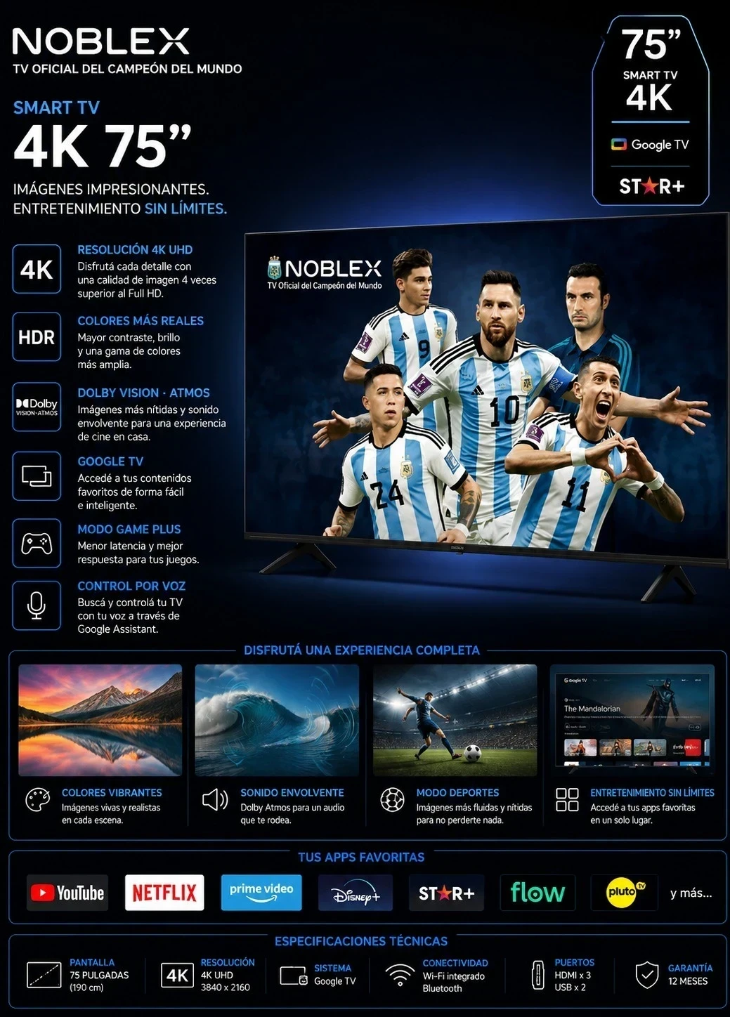 SMART TV NOBLEX 75" 4k GOOGLE LED DV75X850