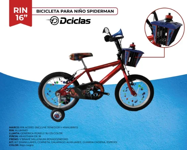 BICICLETA DE NIÑO SPIDERMAN 16"