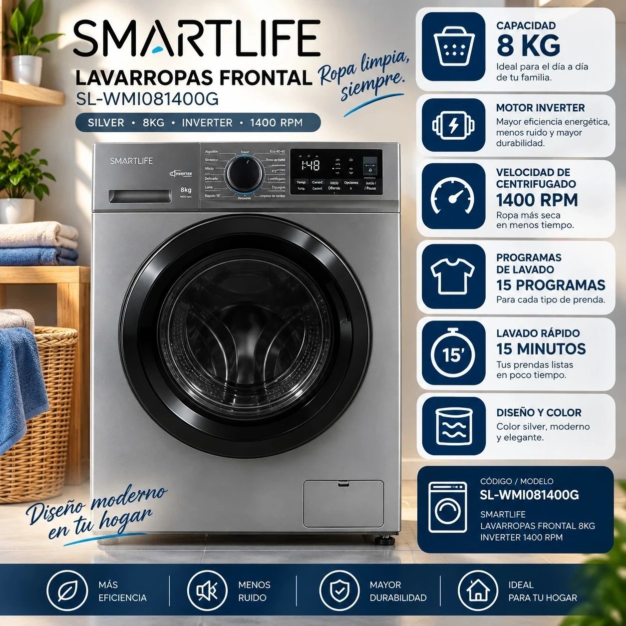 LAVARROPAS SMARTLIFE CARGA FRONTAL 8 KILOS SILVER CONSULTAR DISPONIBILIDAD CON EL VENDEDOR