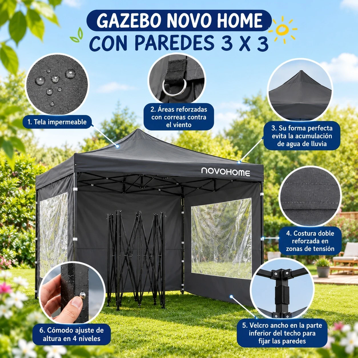 GAZEBO NOVO HOME CON PAREDES 3 X 3 - GRIS NH-GZB420-G