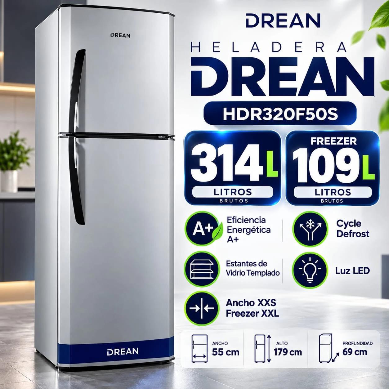 Heladera Drean HDR320F50S Silver Aluminium