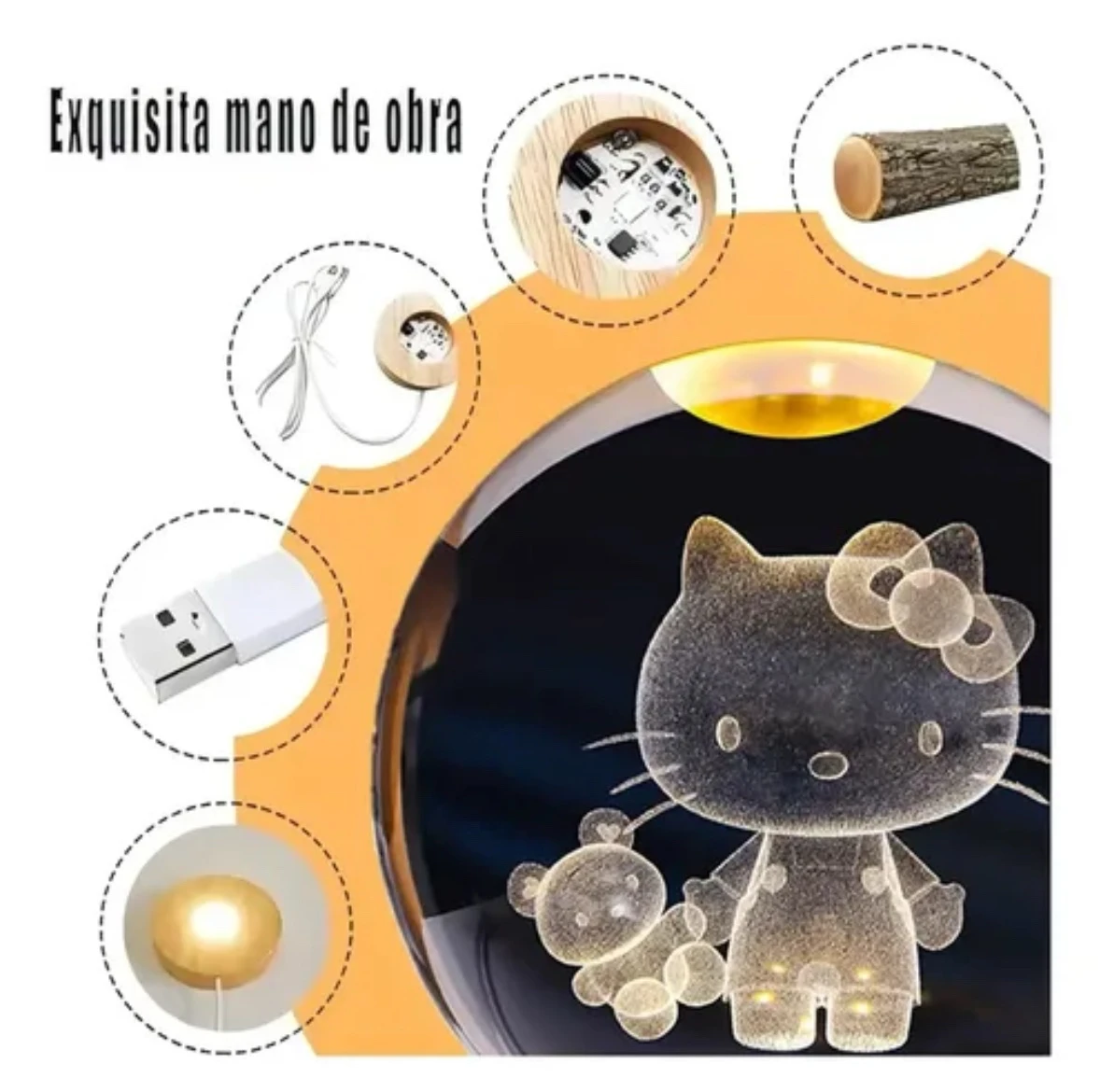 Lampara esfera de cristal 3D con base de madera LED 6