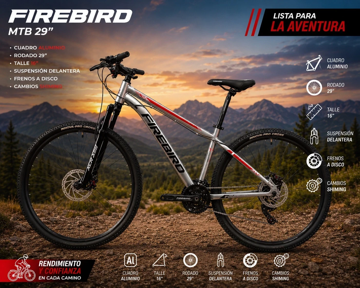 BICICLETA FIREBIRD ROD 29 TALLE 16 GRIS/ROJO