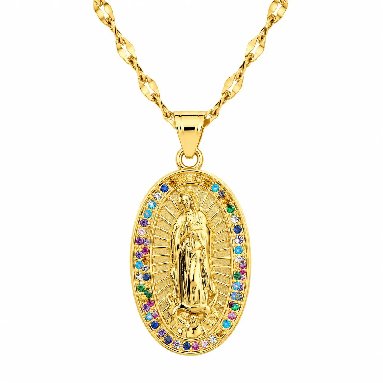 Cadena Y Dije En Acero Con Piedra Circon De Virgen De Guadalupe Colores