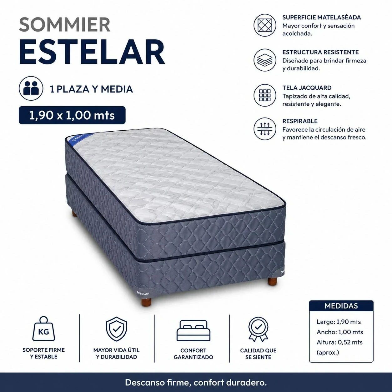 SOMMIER ESTELAR, ESPUMA ALTA DENSIDAD  * PLAZA Y MEDIA