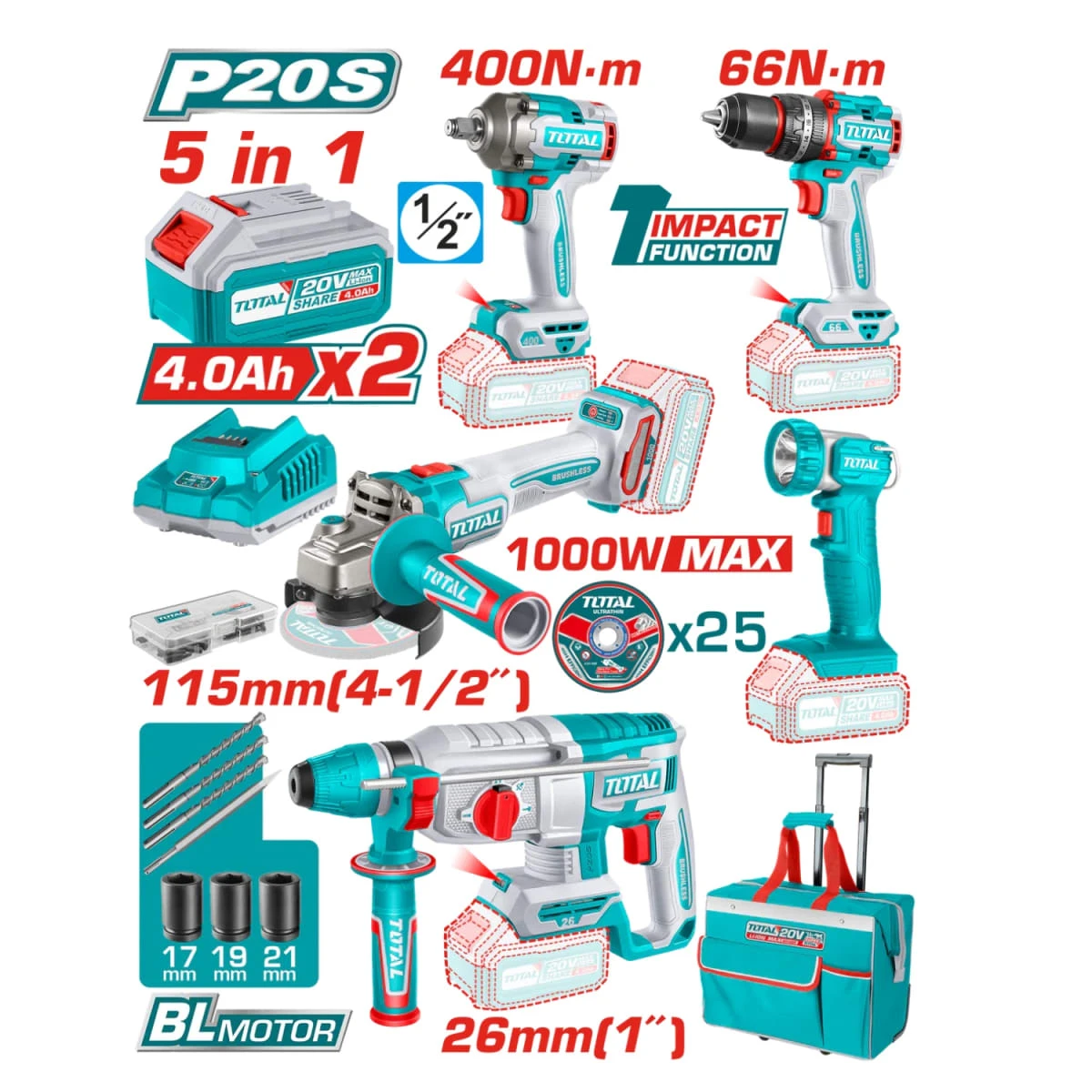 Combo taladro 66nm + llave de impacto + rotomartillo + amoladora + linterna total SKU: TCKLI20592