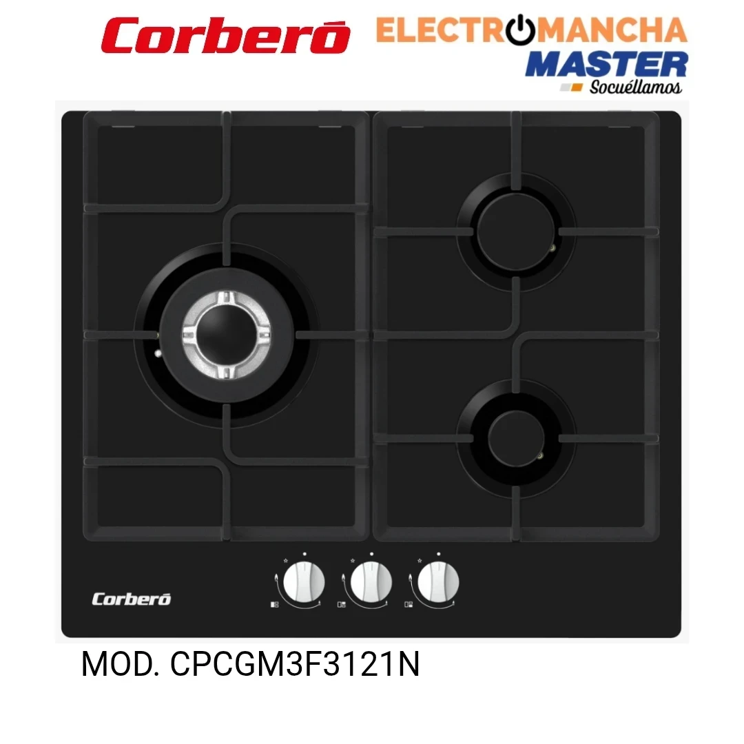 PLACA A GAS CORBERO CPCGM3F3121N CRISTAL 3 FUEGOS BUTANO