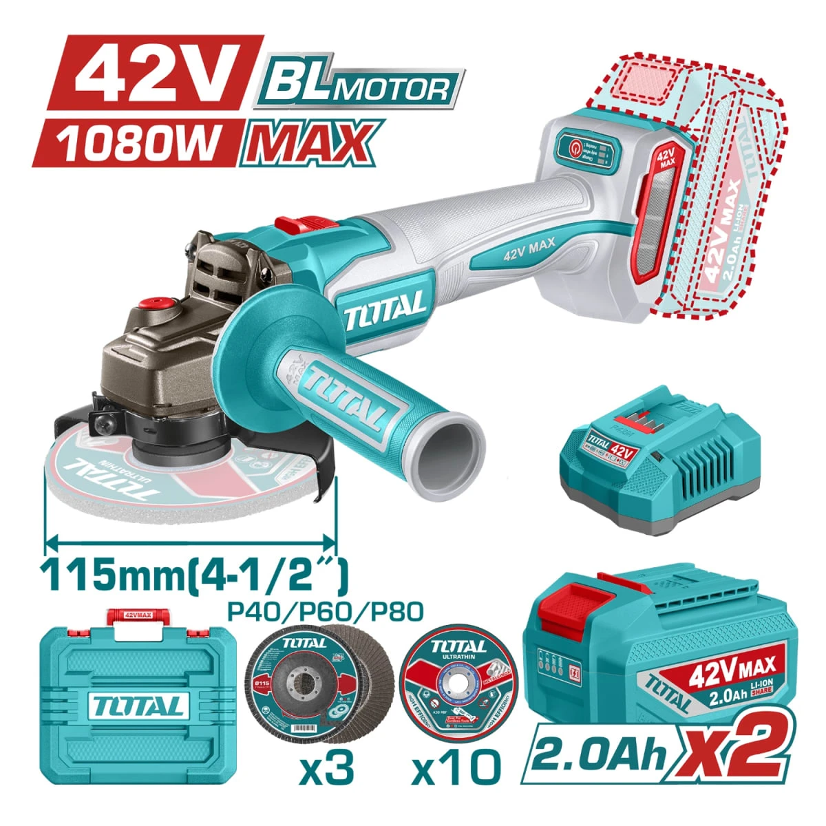 TAGLI4108112 Amoladora inalambrica 1080w 4 1/2'' + 2 batería y cargador 42v total 