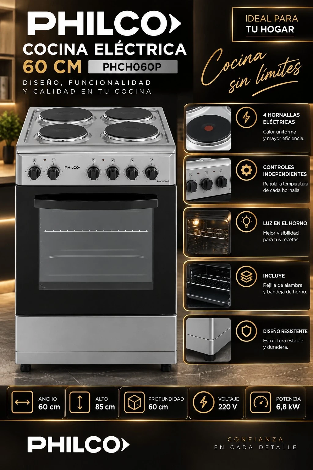 COCINA ELECTRICA PHILCO 60CM INOX *CONSULTAR DISPONIBILIDAD CON EL VENDEDOR*