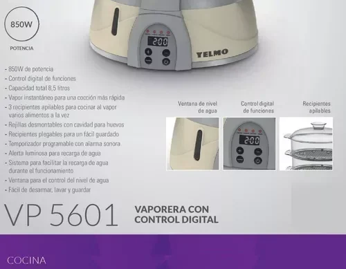 Vaporera Yelmo Vp-5601 Digital 8.5Lts. 3 Bandejas Plateadas 4