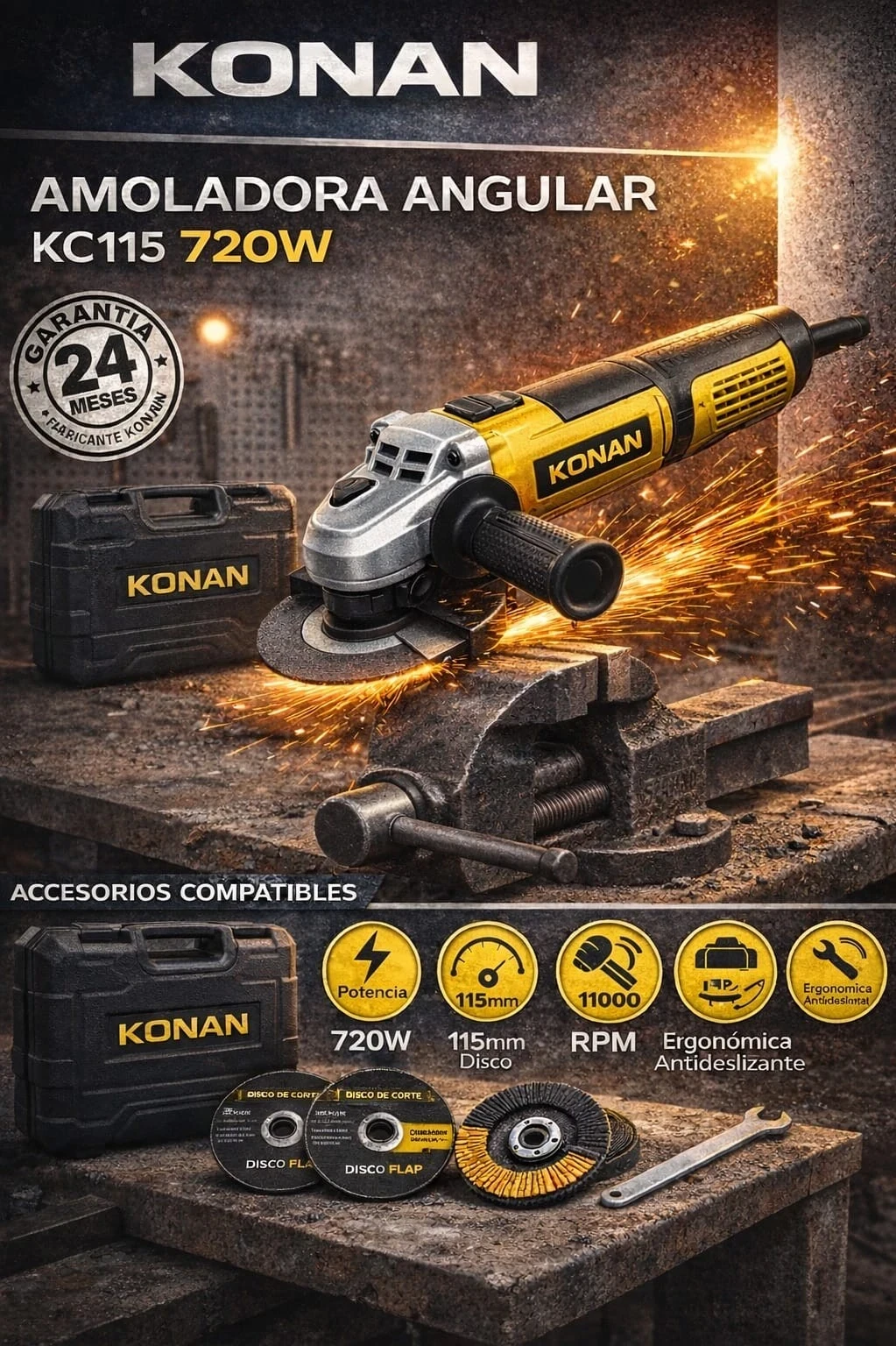 AMOLADORA ANGULAR KONAN KC115 720W