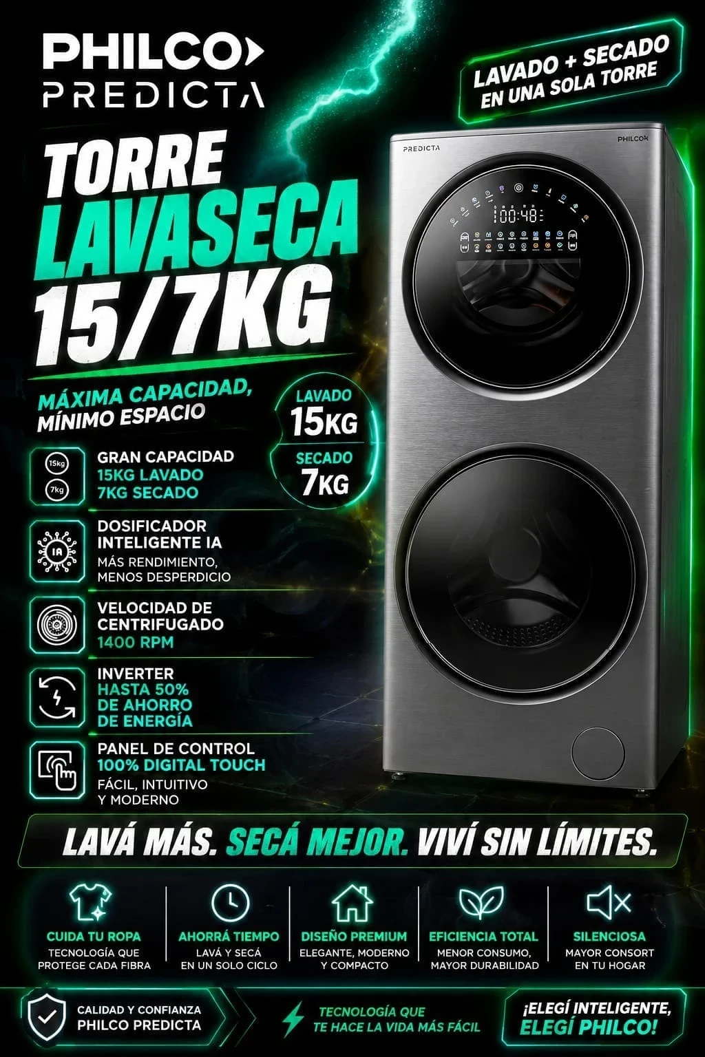 LAVASECARROPAS TORRE PHILCO 15KG/7KG
