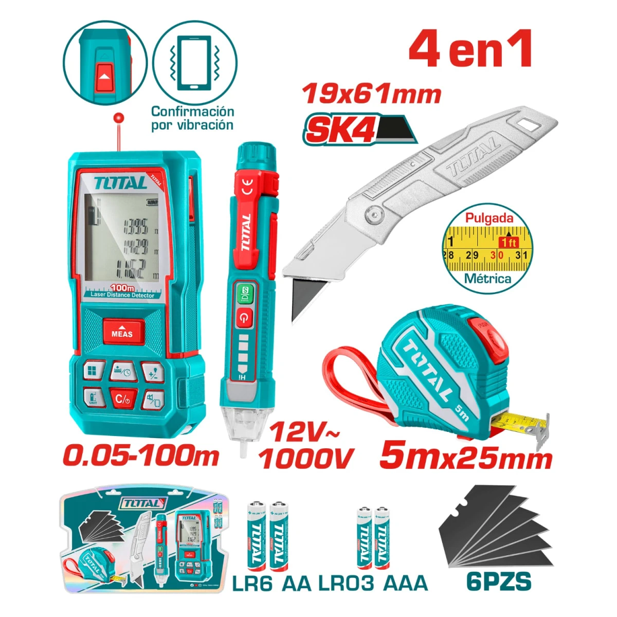 Medidor laser 100m + detector + navaja y wincha total