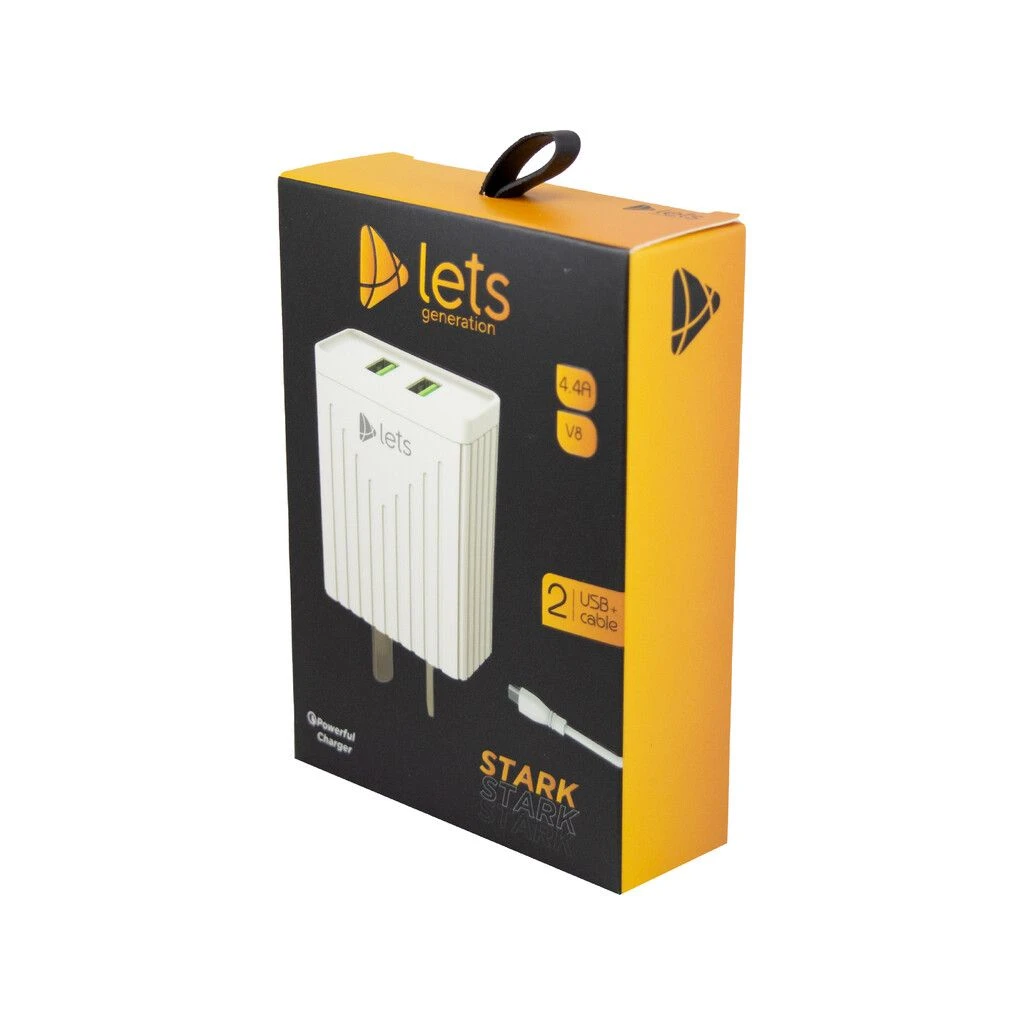 CARGADOR 220V LETS MOD08 – 4,4 A – 2 USB + CABLE V8 – BLANCO