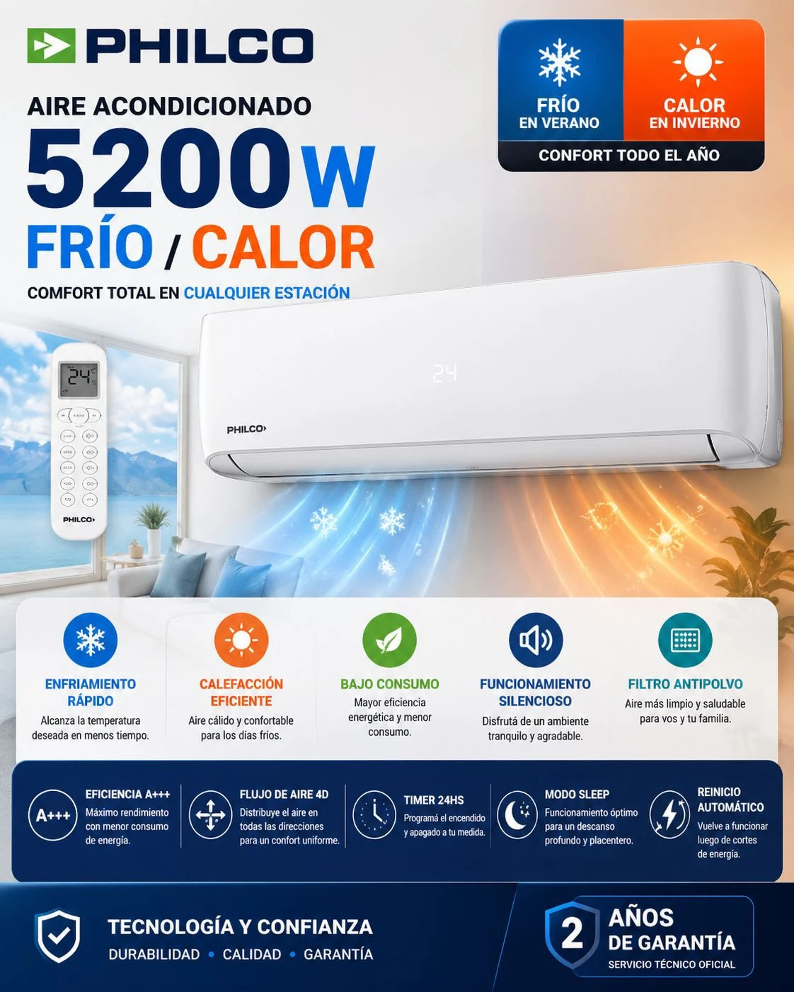 AIRE ACONDICIONADO PHILCO 5200W FRIO/CALOR