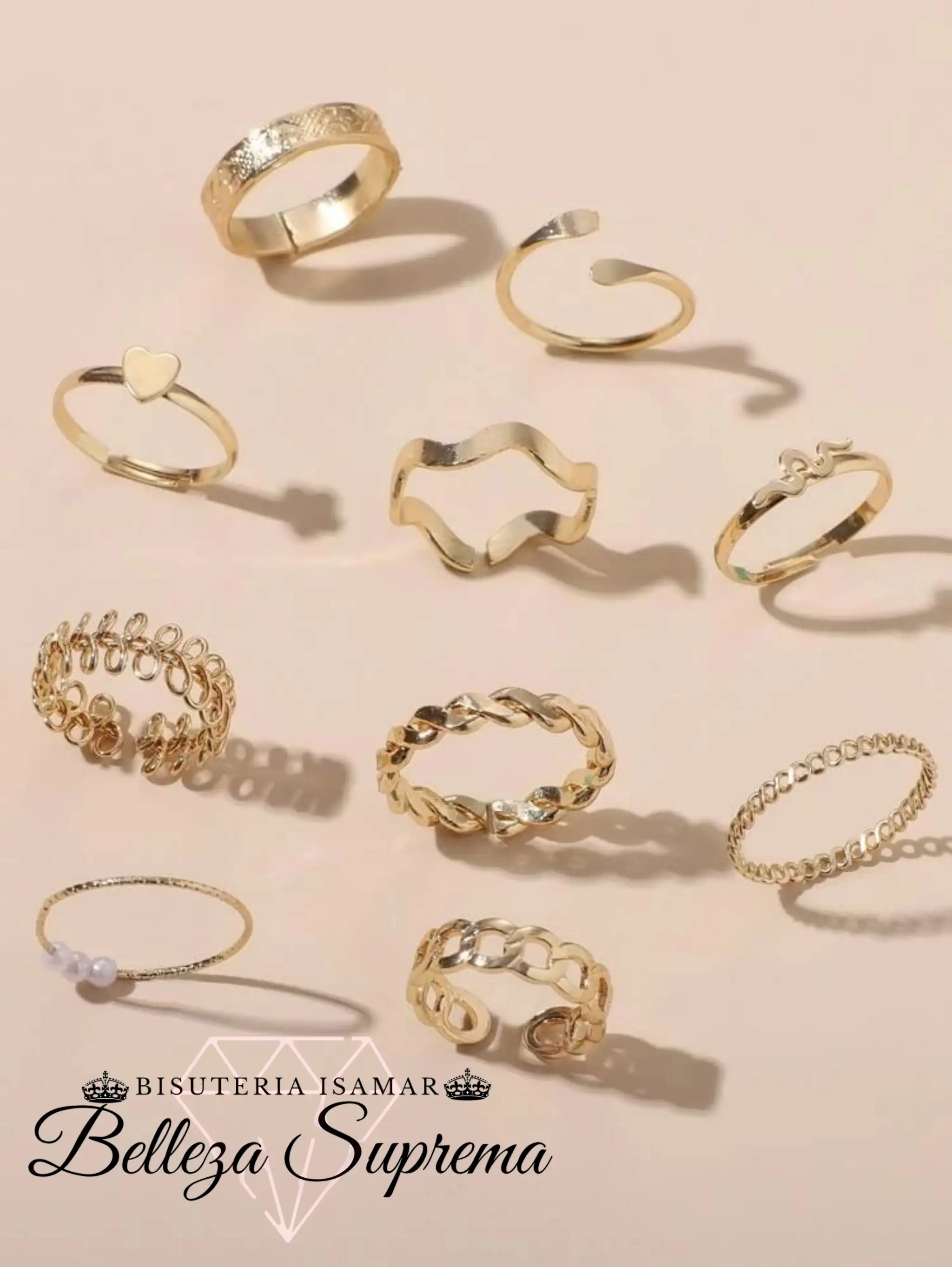 SET DE ANILLOS DORADOS CADENA HOJA PERLAS SERPIENTE 10 3