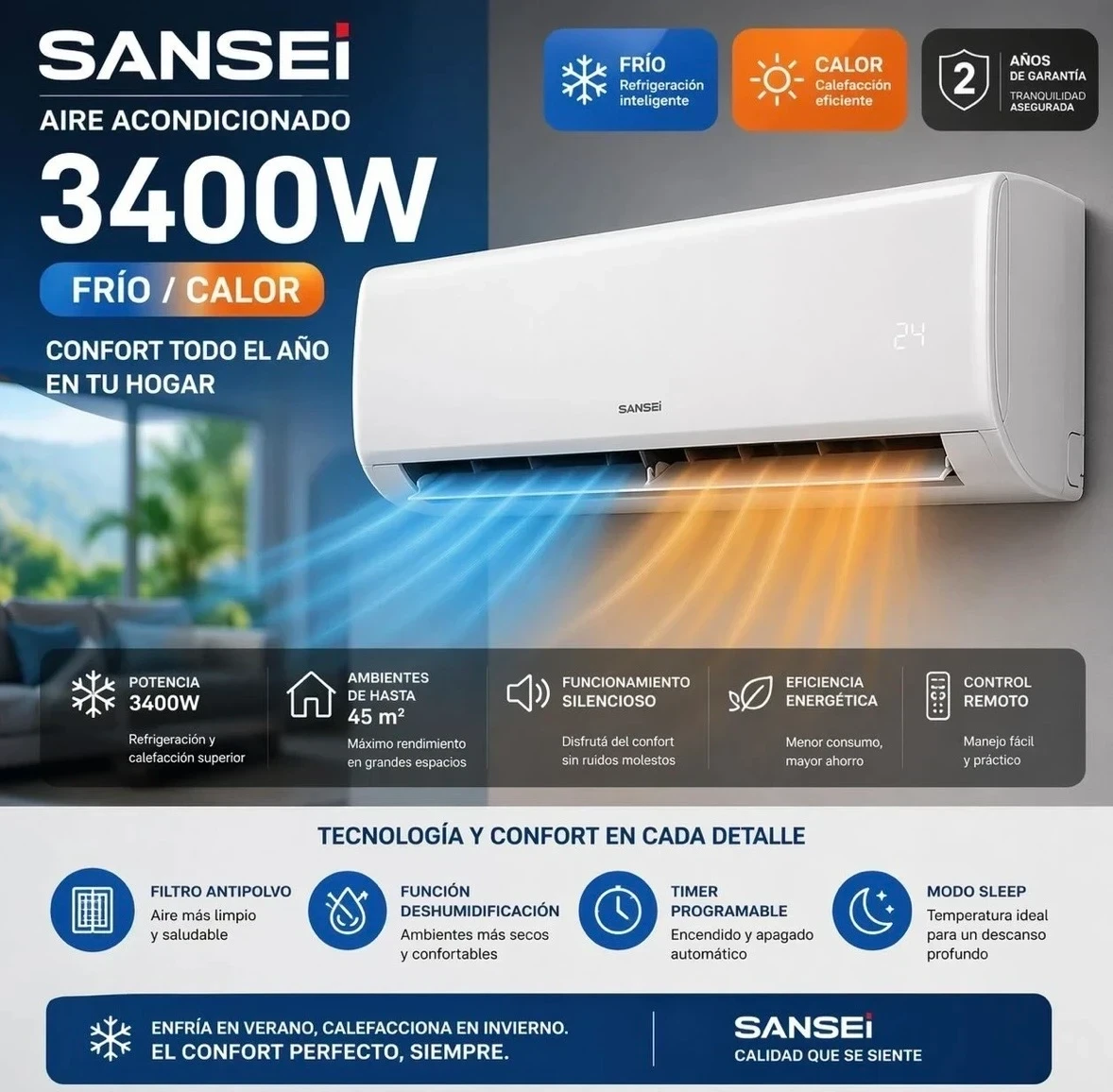 *AIRE ACONDICIONADO SANSEI 3400W FRIO/CALOR* N852 COMPRAR