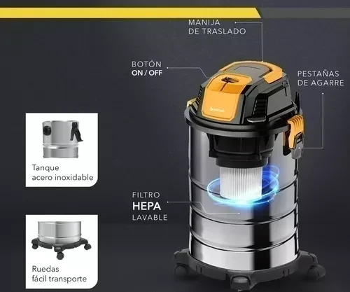 Aspiradora TACHO SUONO Industrial 1300 W 30 Lts Acero Inoxidable  5