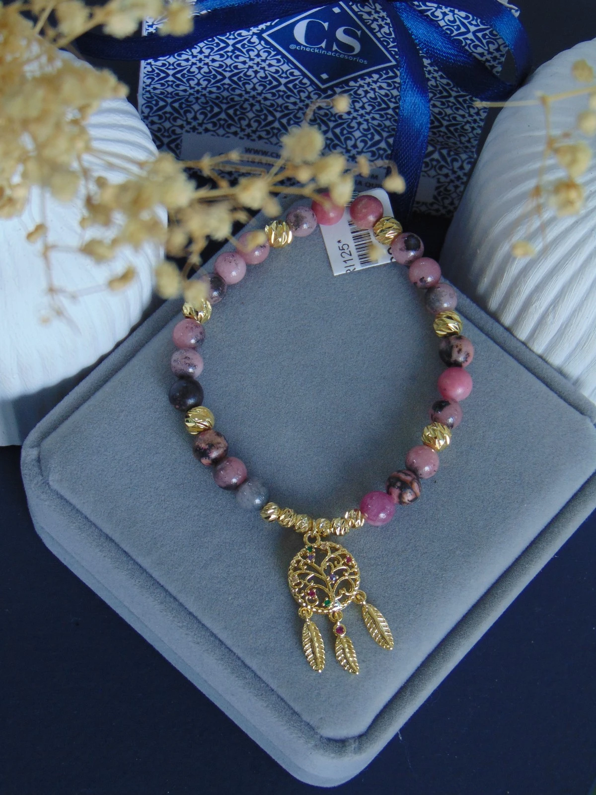 PULSERA RODIO DOR CUARZO RODORITA DIJE ATRAPASUEÑOS