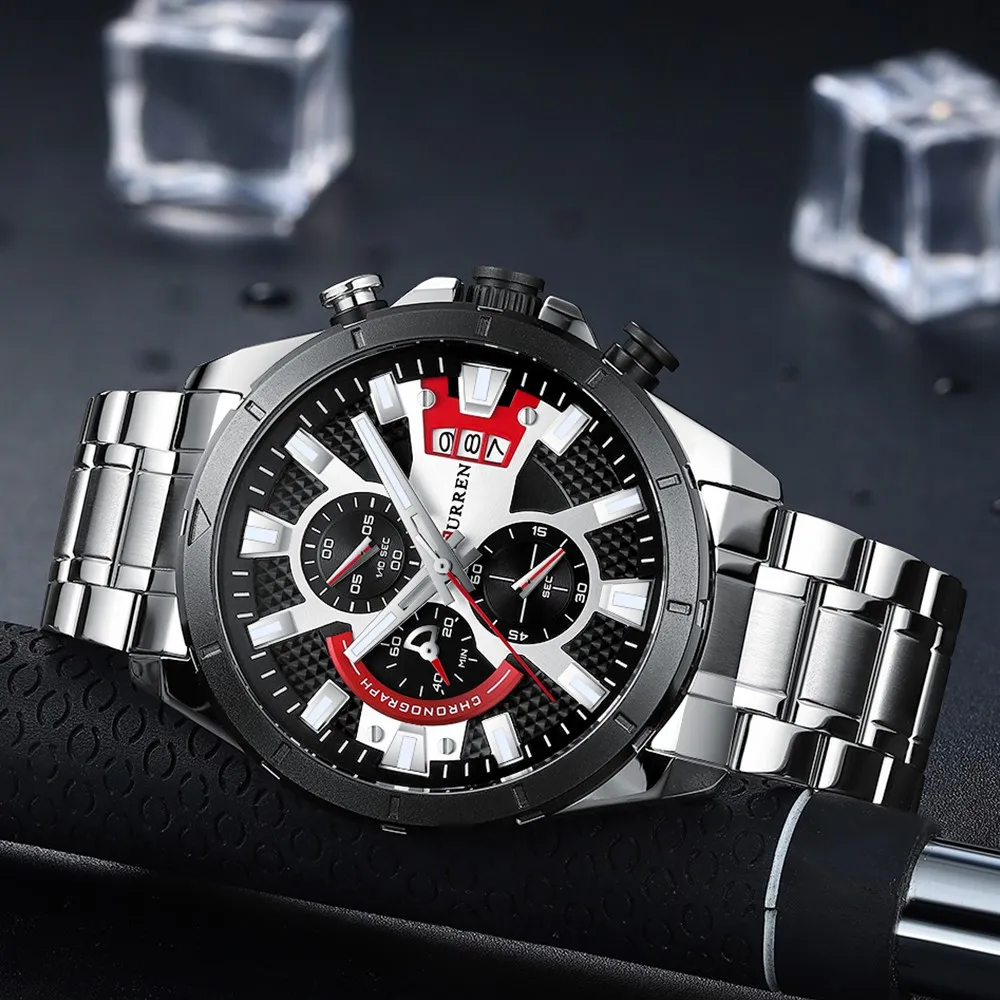 Reloj Curren Original Acero Cronografo 8401 Plateado Fondo Negro Plateado Rojo 4
