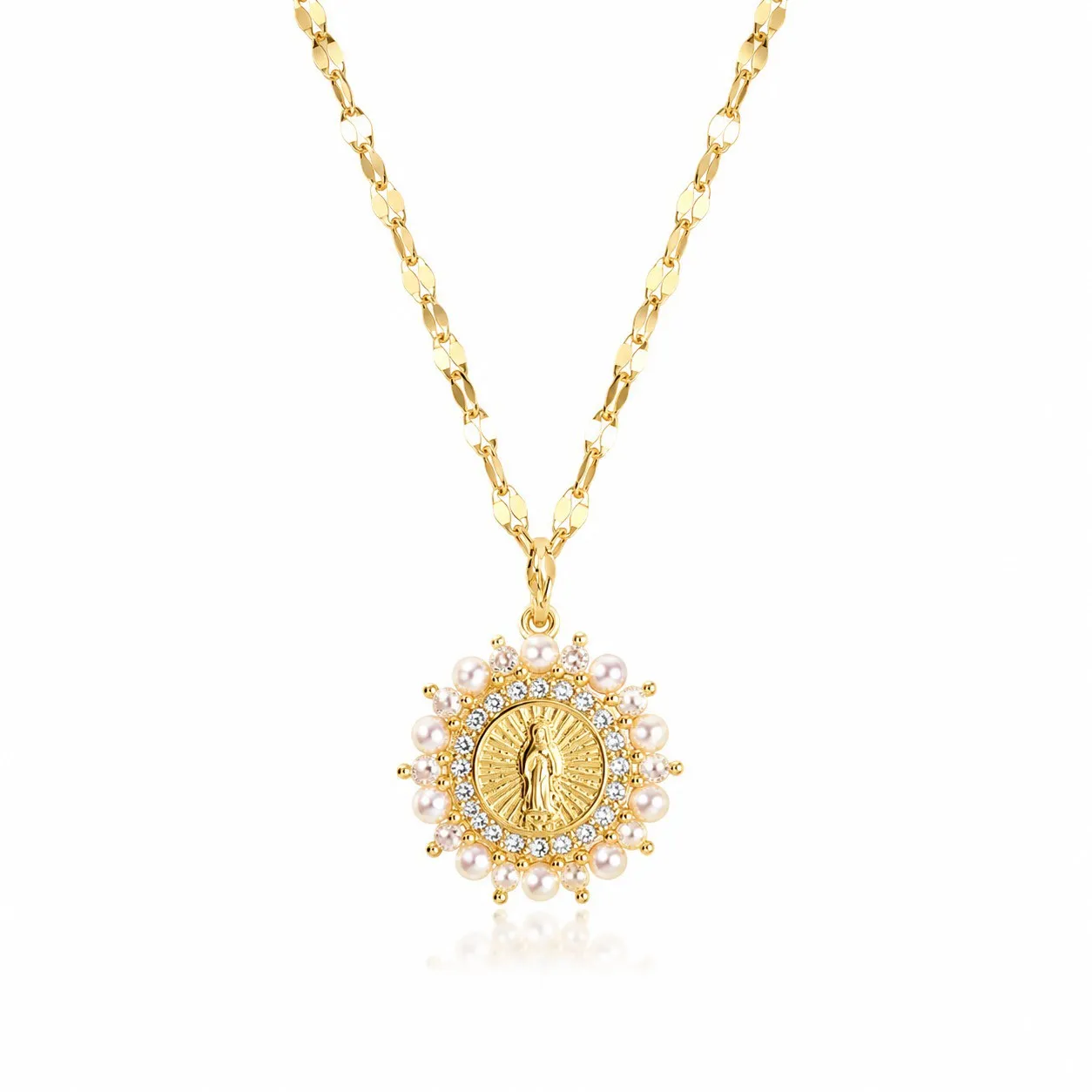 Cadena Y Dije En Acero Con Piedra Circon De Virgen Pequeña Perlas Blancas 3