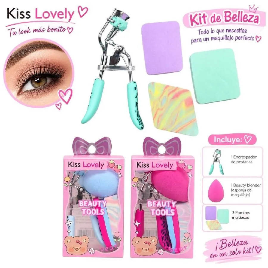 kit de encrespador de pestañas+ beauty blender y 3 pcs pomito kiss lovely