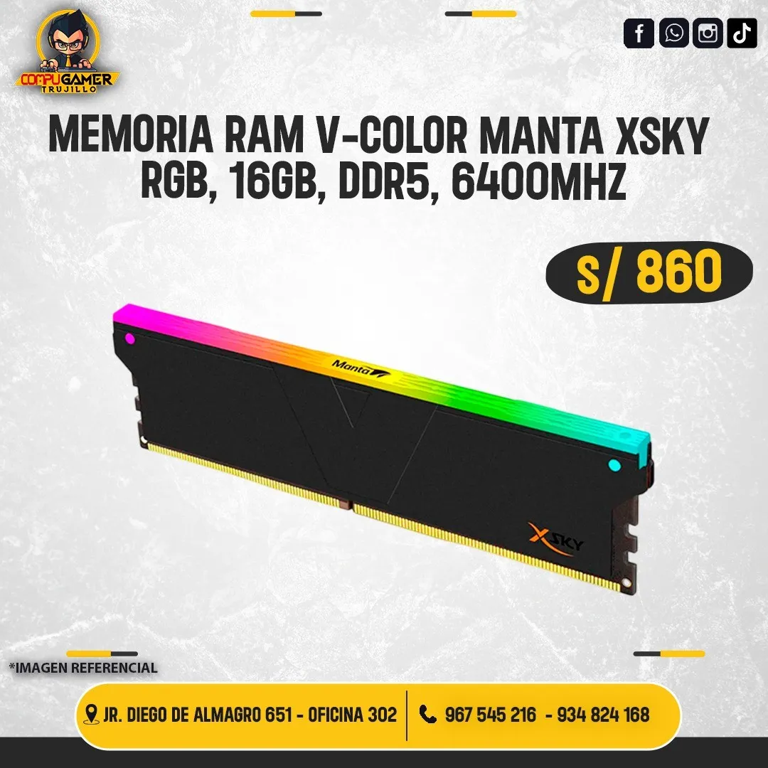 MEMORIA RAM V-COLOR MANTA SKY, 16GB, DDR5, 6400MHZ, RGB