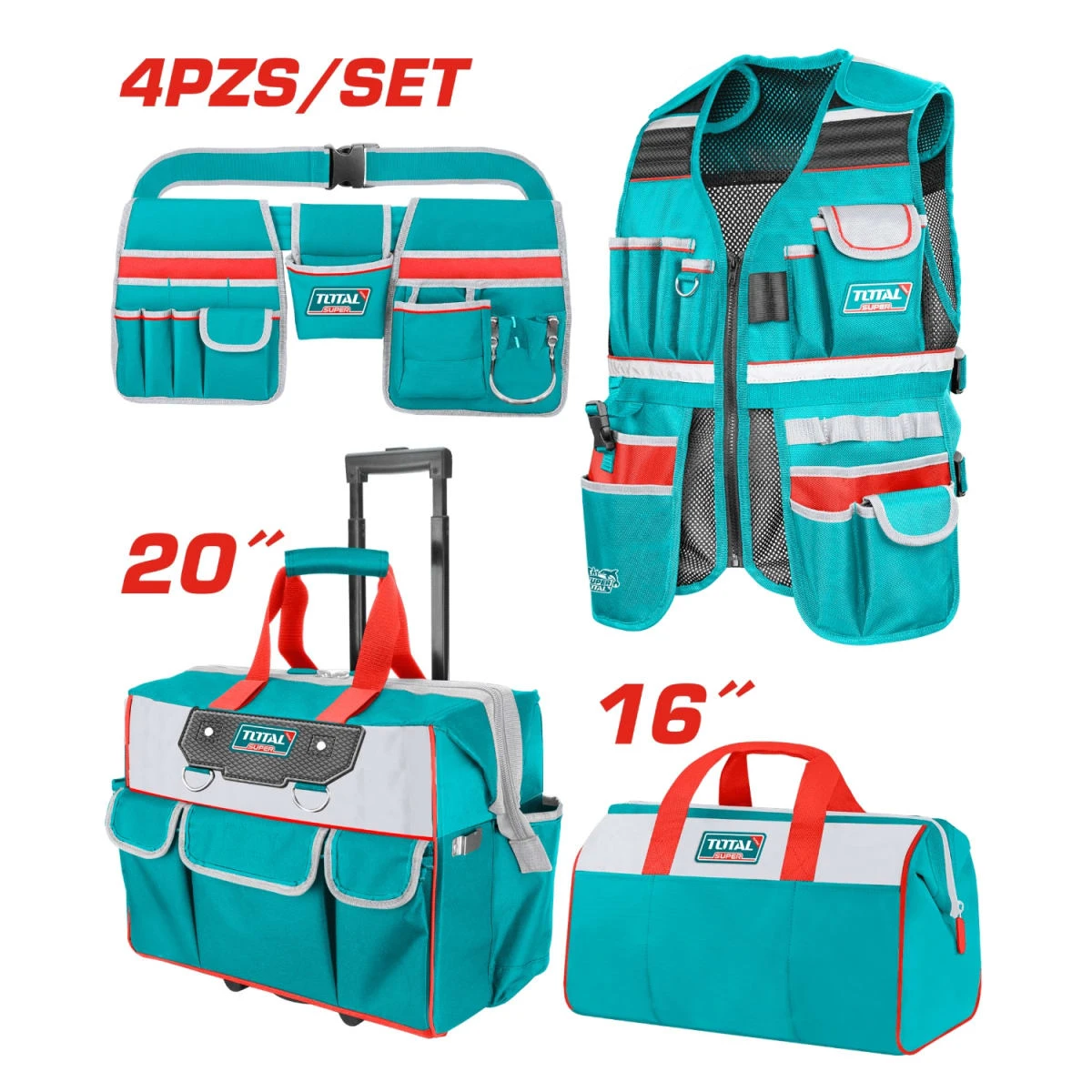 Kit 4 porta herramientas chaleco + maletin + bolso + cinturón total
