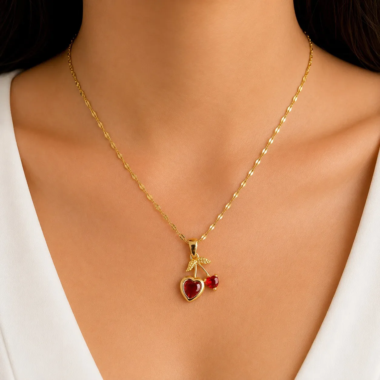 Cadena Y Dije En Acero Con Piedra Circon De Cereza Corazon Pequeña Roja 3