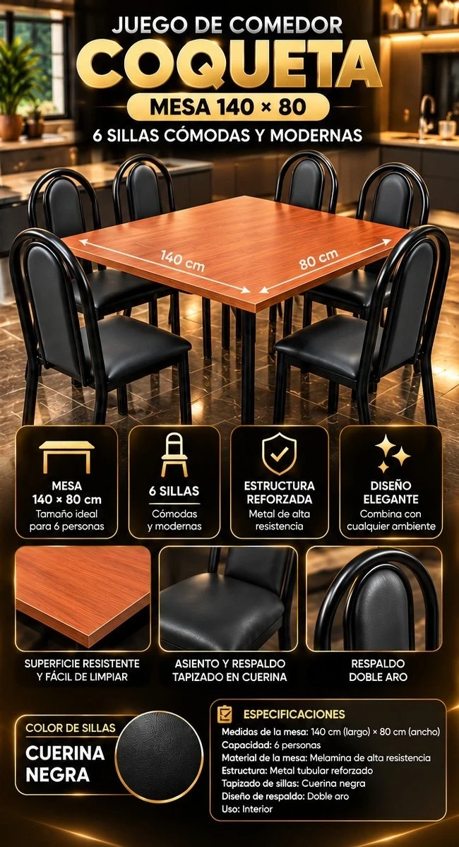 JUEGO DE COMEDOR COQUETA CUERINA NEGRO