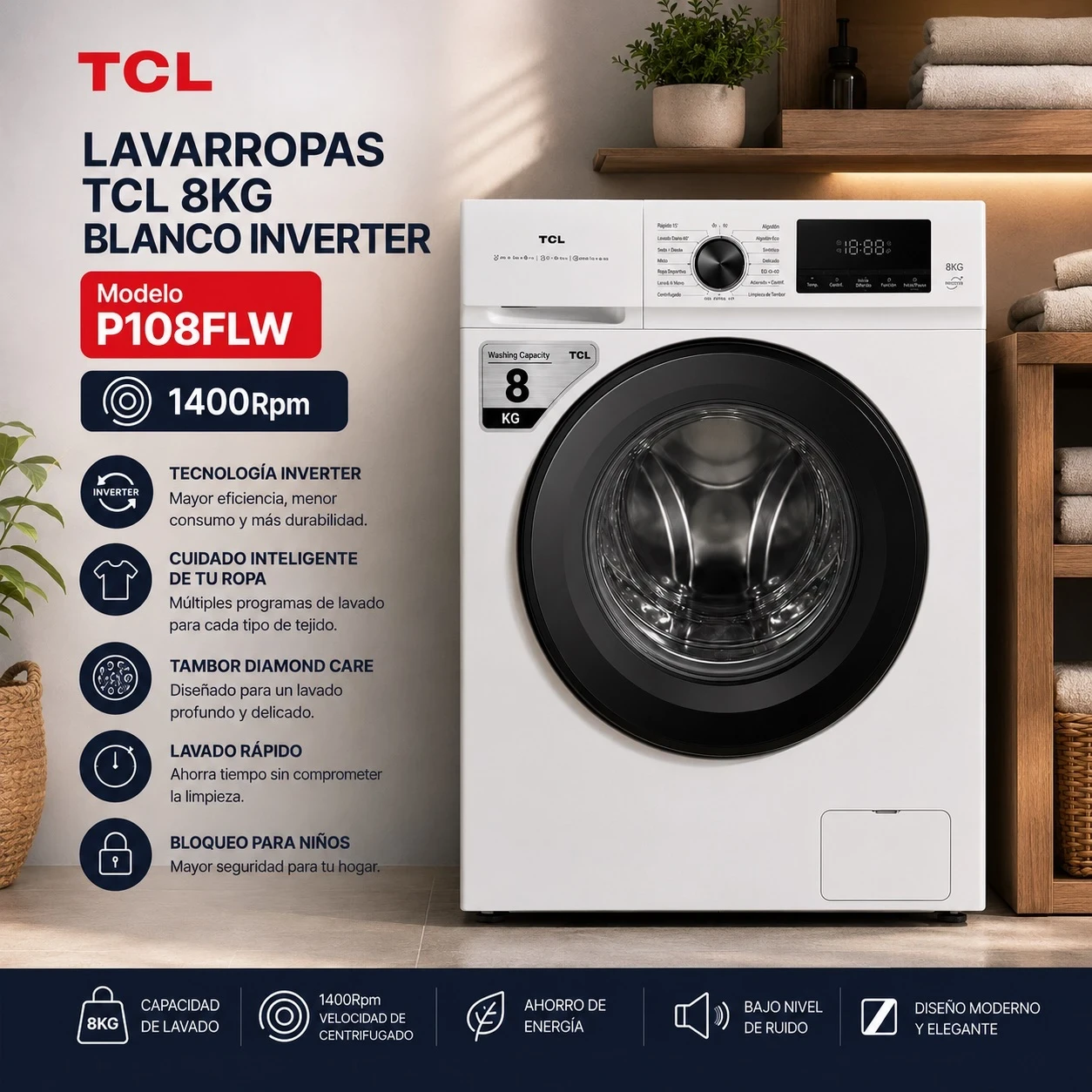 LAVARROPAS AUTOMÁTICO TCL 8KG 1400RPM INVERTER BLANCO  ‼️SOLO POR PEDIDOS‼️