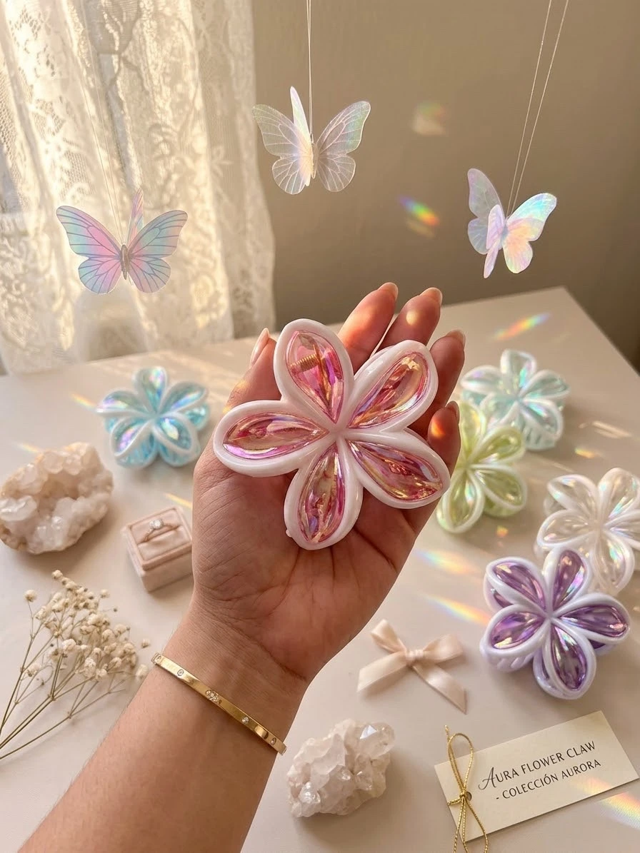 Pinzas para Cabello de Flores Iridiscentes "Flora": Brillo Mágico y Elegancia Floral (Paquete de 12) 3